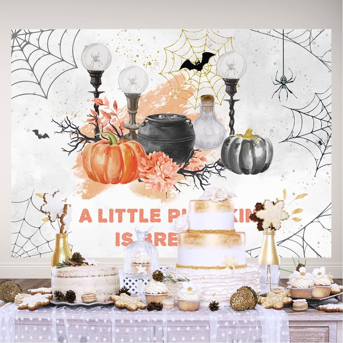 Lofaris A Little Pumpkin is Brewing Backdrop Haunted Horror Forest Bat Web Pumpk