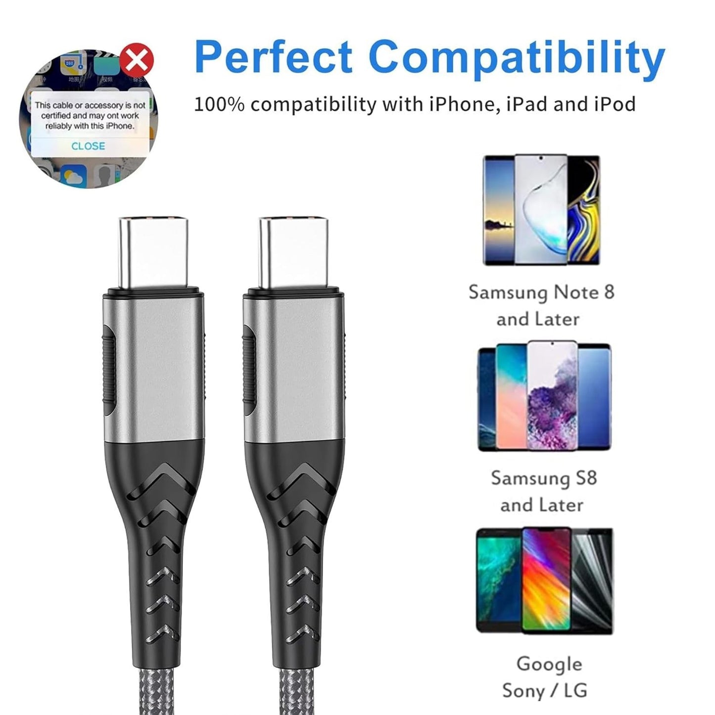 2-Pack 100W USB C to USB C Cable 10FT Fast Charger for iPhone 15 Pro Max Silver