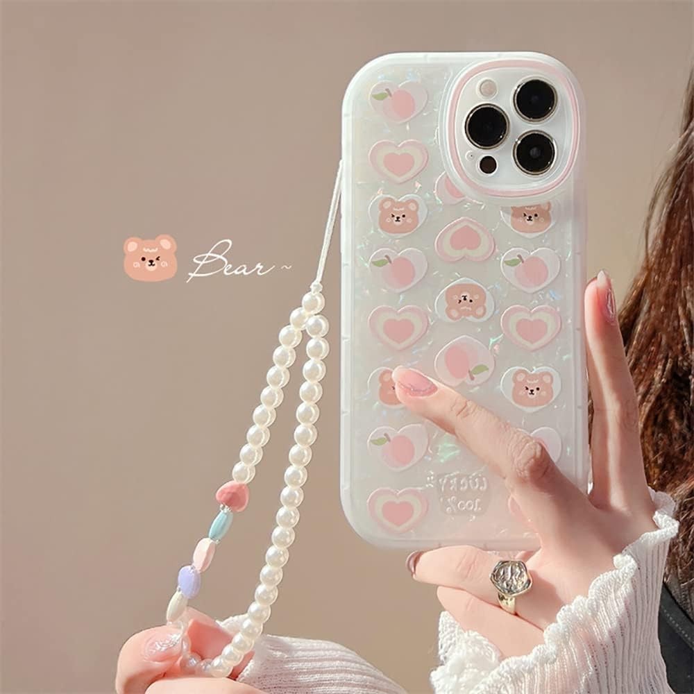 Fycyko Case for iPhone 15 Pro Max, Aesthetic Bear Design + Pearl Chain Accessory