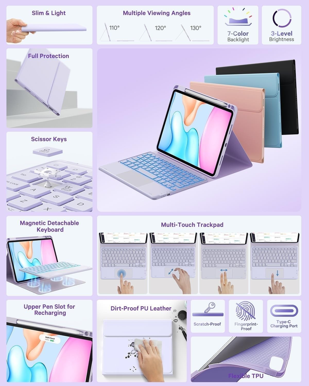 GreenLaw Keyboard Case for iPad Air/Pro 11" – Backlit, Trackpad – Light Purple