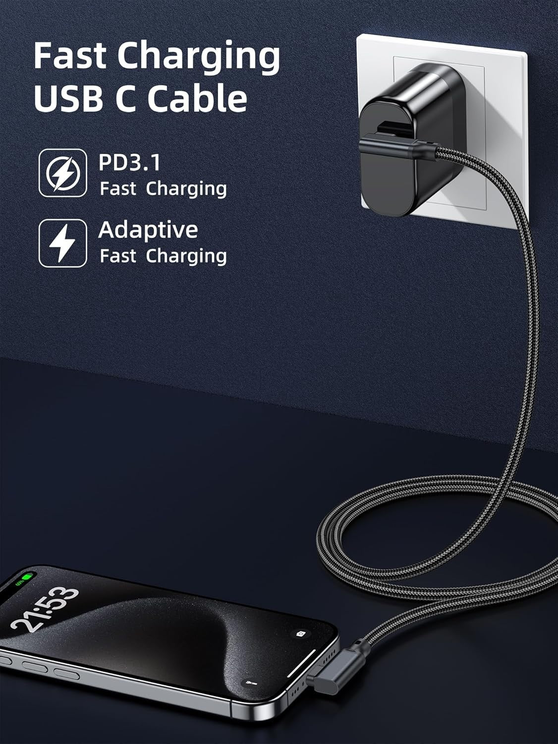 240W USB C to USB C Cable, PD 3.1, 5A Fast Charging, Dual Right Angle, 6.6FT