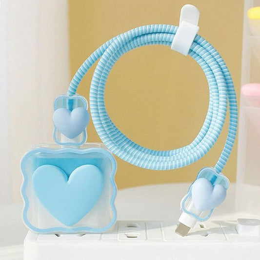 Cute 3D Love Heart Cable Protector for iPhone Charger w/ Spiral Rope & End Cap