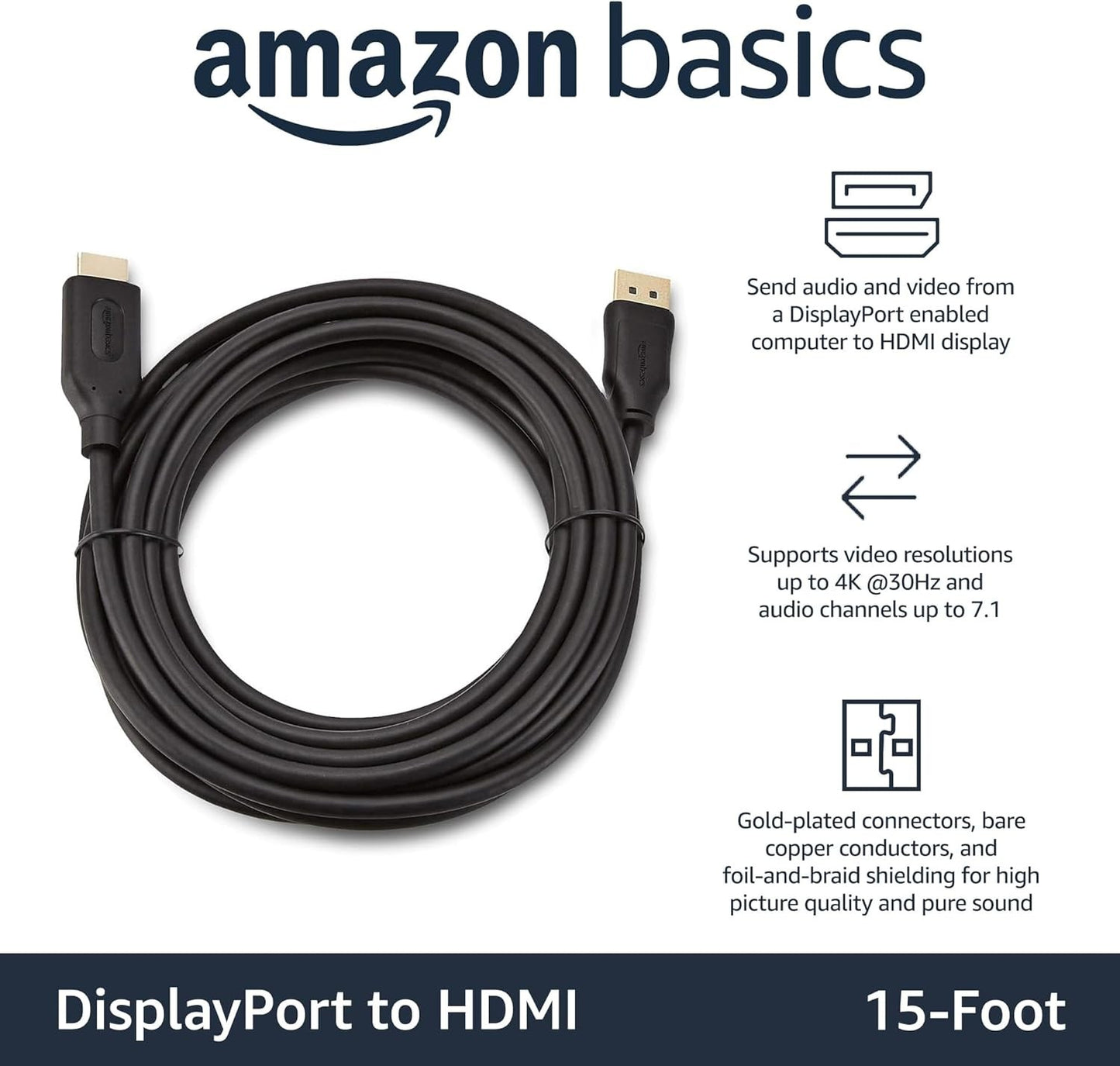 Amazon Basics DisplayPort to HDMI Cable 15ft – 4K@30Hz, Gold-Plated, Black