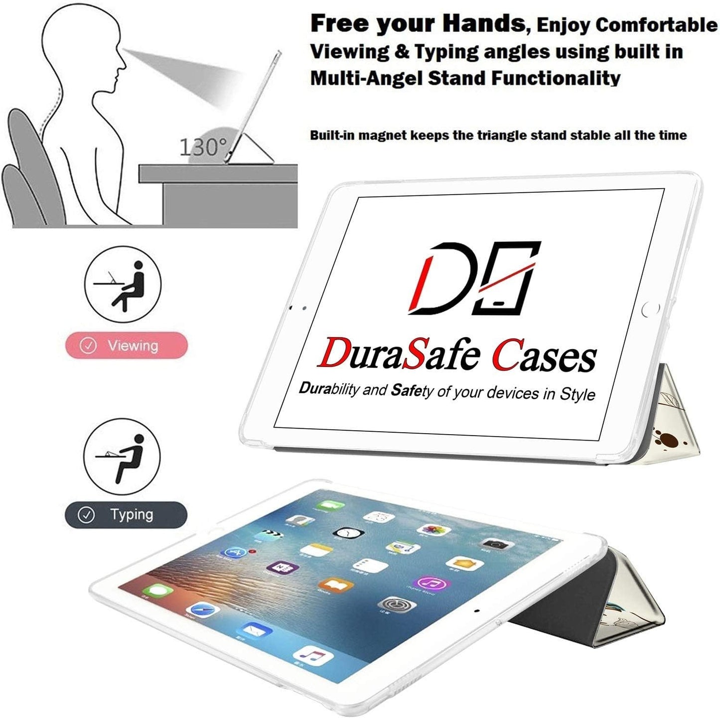 DuraSafe iPad 2 3 4 Case 9.7" Smart Cover Watercolor Flowers Tri-Fold Stand
