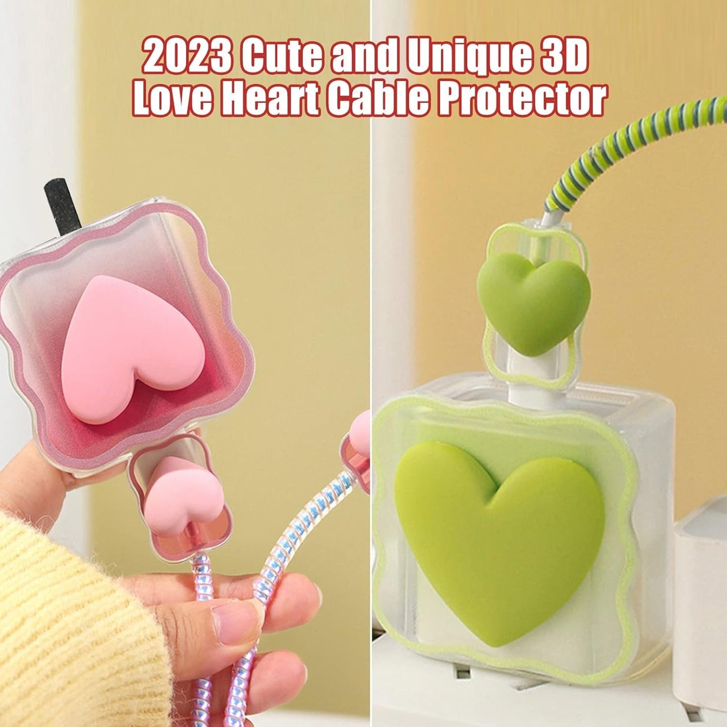 Cute 3D Love Heart Cable Protector for iPhone Charger w/ Spiral Rope & End Cap