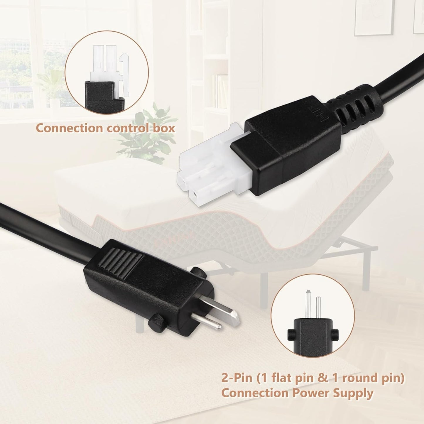6.6ft Power Cord for Adjustable Bed Base – Replacement Input Cable, Black