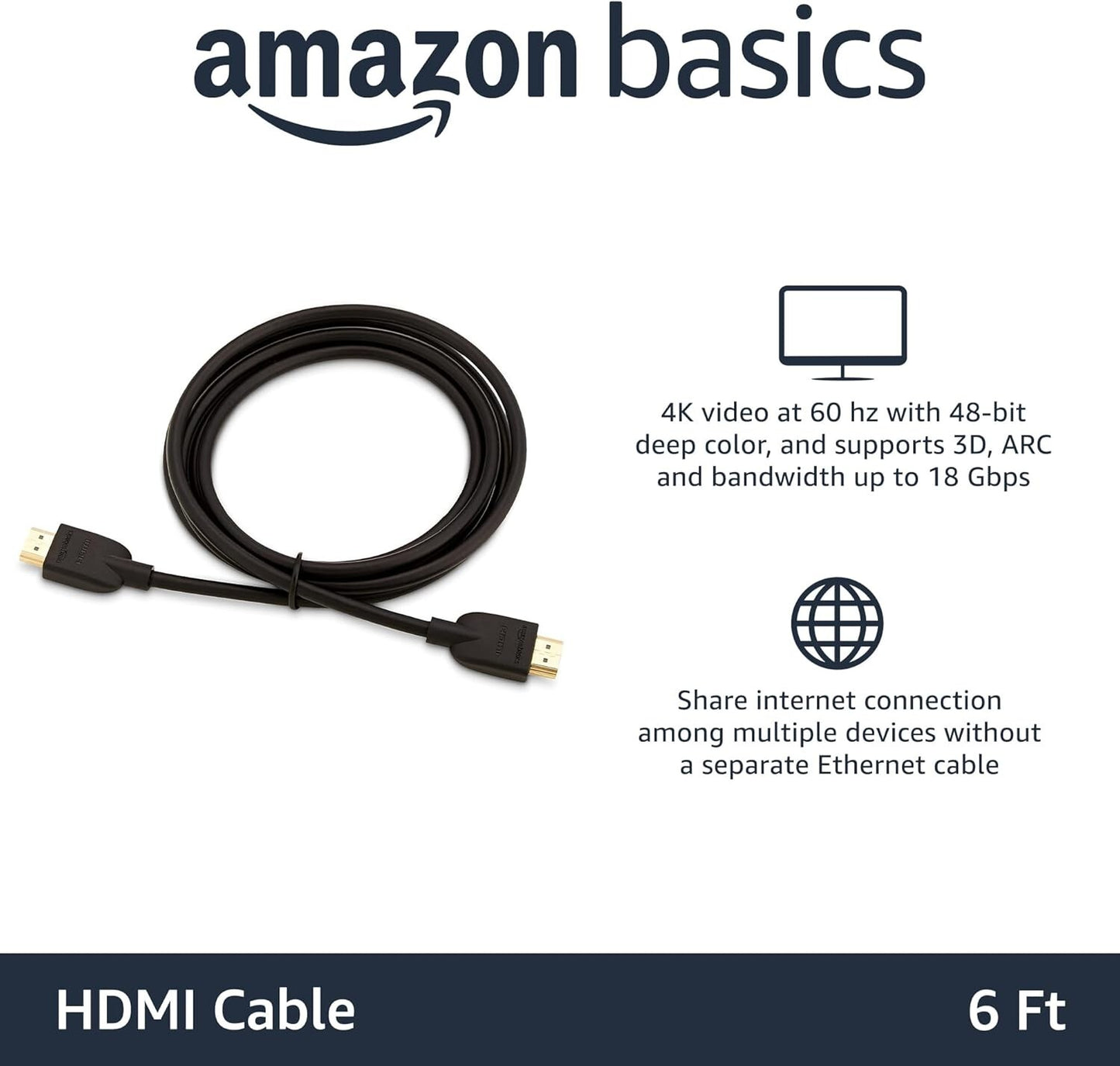 HDMI NIB Amazon Basics HighSpeed 4K Ultra HD 20 Cable Cord 6 ft 18m