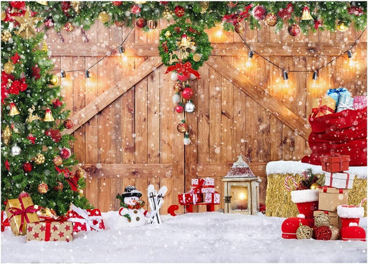Rustic Christmas Barn Wood Door Backdrop Xmas Tree Snow Photography 10 x 8 FT