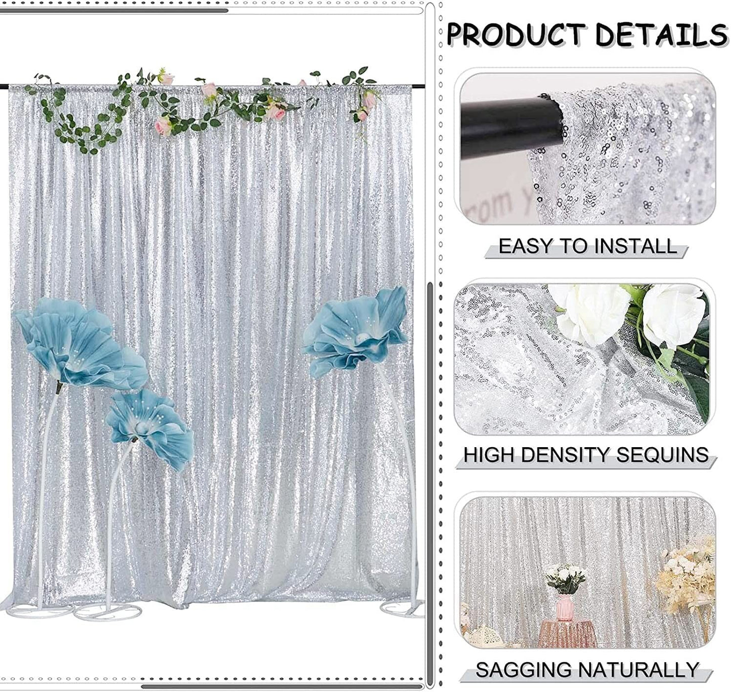 TCBESTO Silver Sequin Backdrop Curtain 8FTx8FT 1 Panel Sparkly Wedding Party Bac