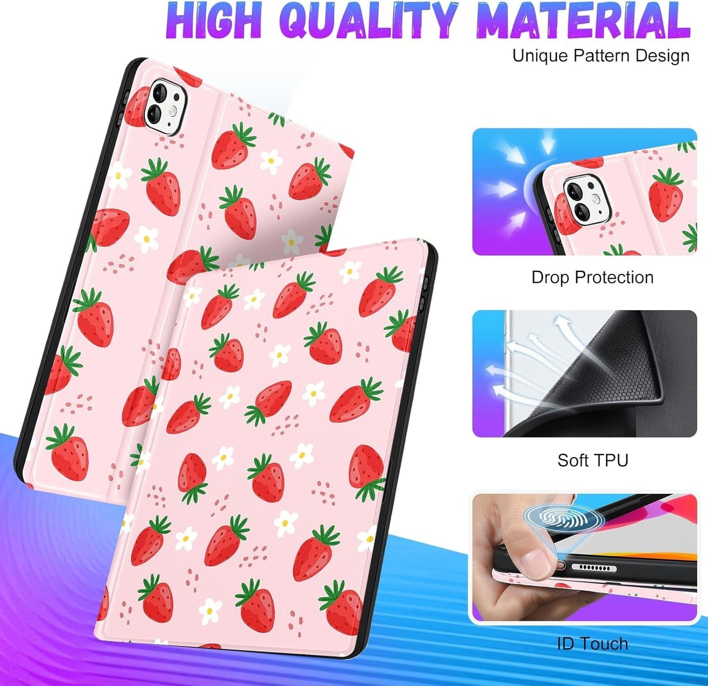 iPad Pro 11" Case 2024 M4 Cute Folio Smart Cover w/ Pencil Holder Strawberry