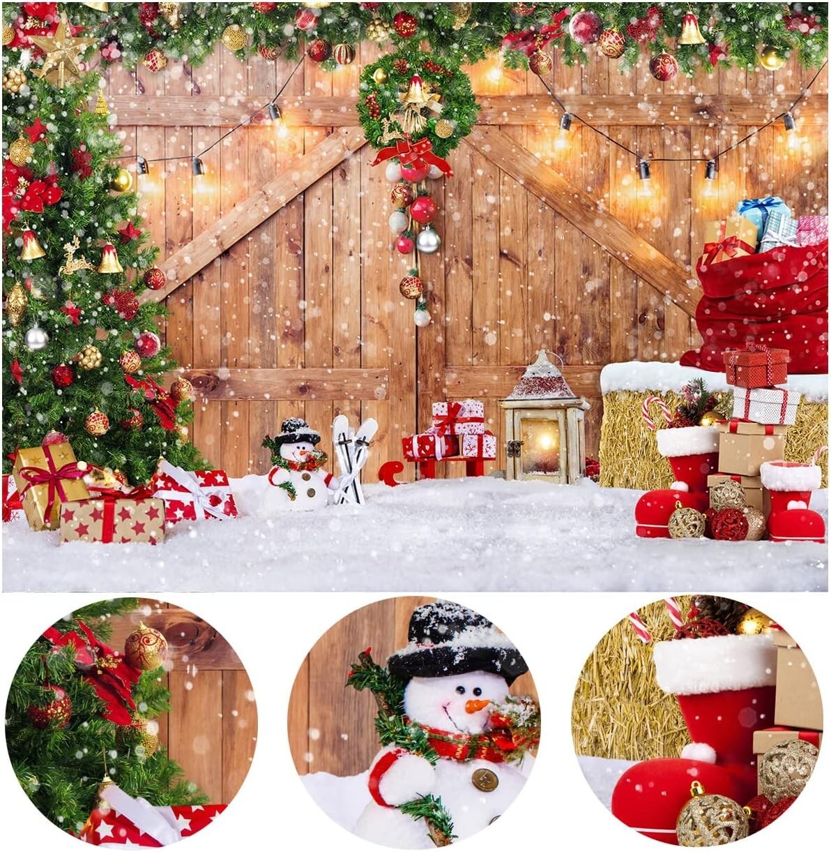 Rustic Christmas Barn Wood Door Backdrop Xmas Tree Snow Photography 10 x 8 FT