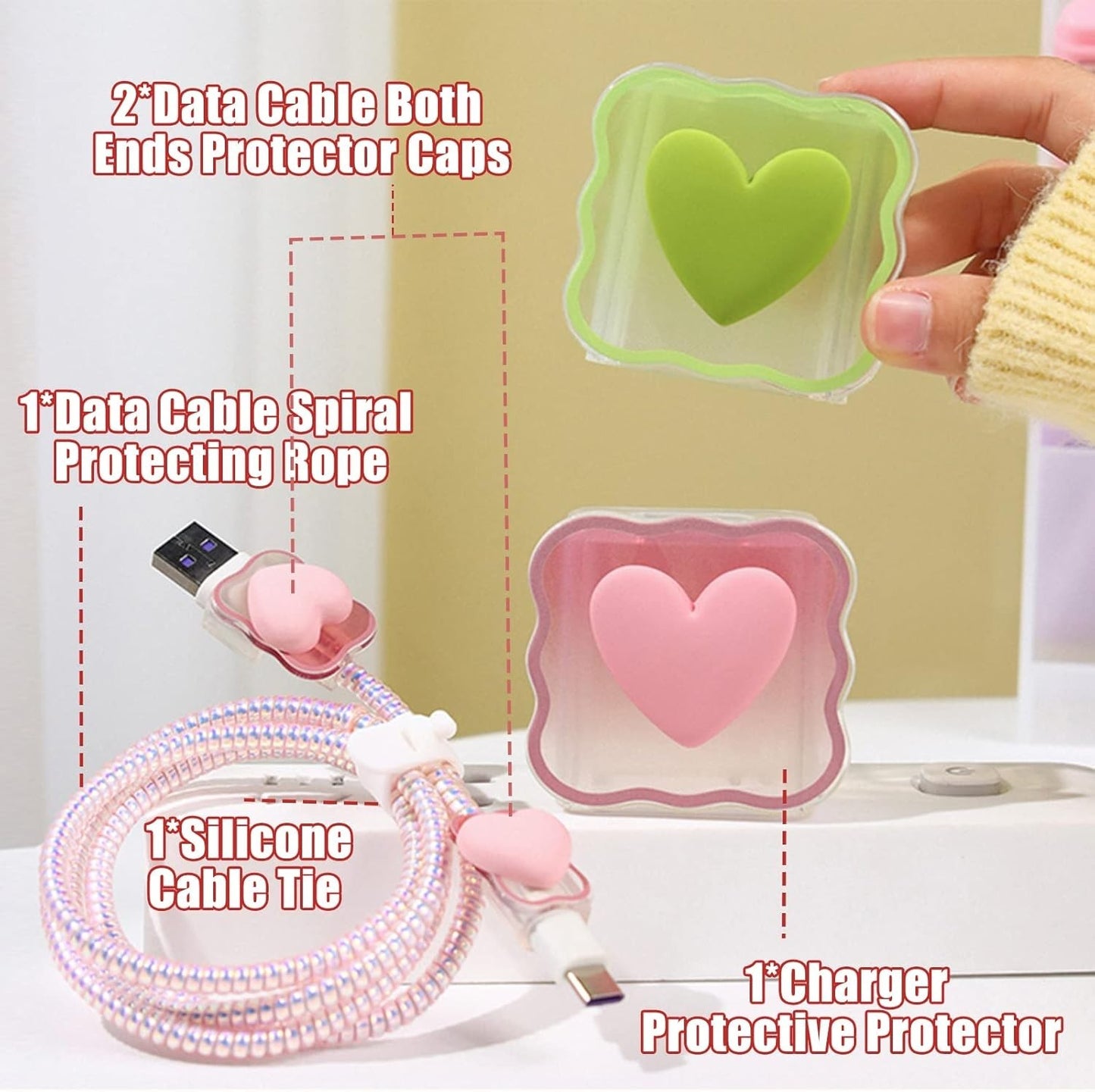 Cute 3D Love Heart Cable Protector for iPhone Charger w/ Spiral Rope & End Cap