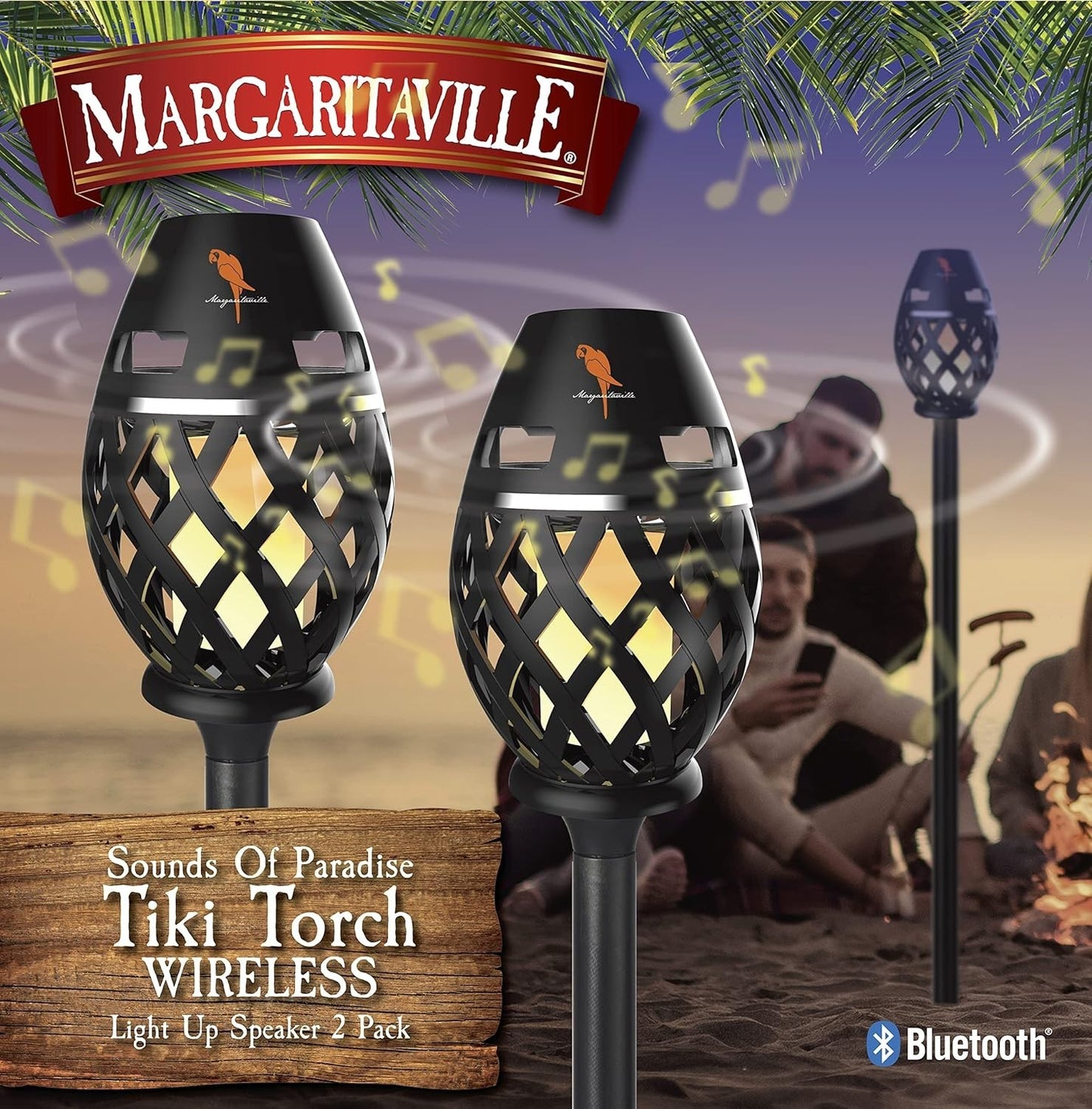 Margaritaville Bluetooth Tiki Speakers – LED Flame Lights – Waterproof – 2 Pack