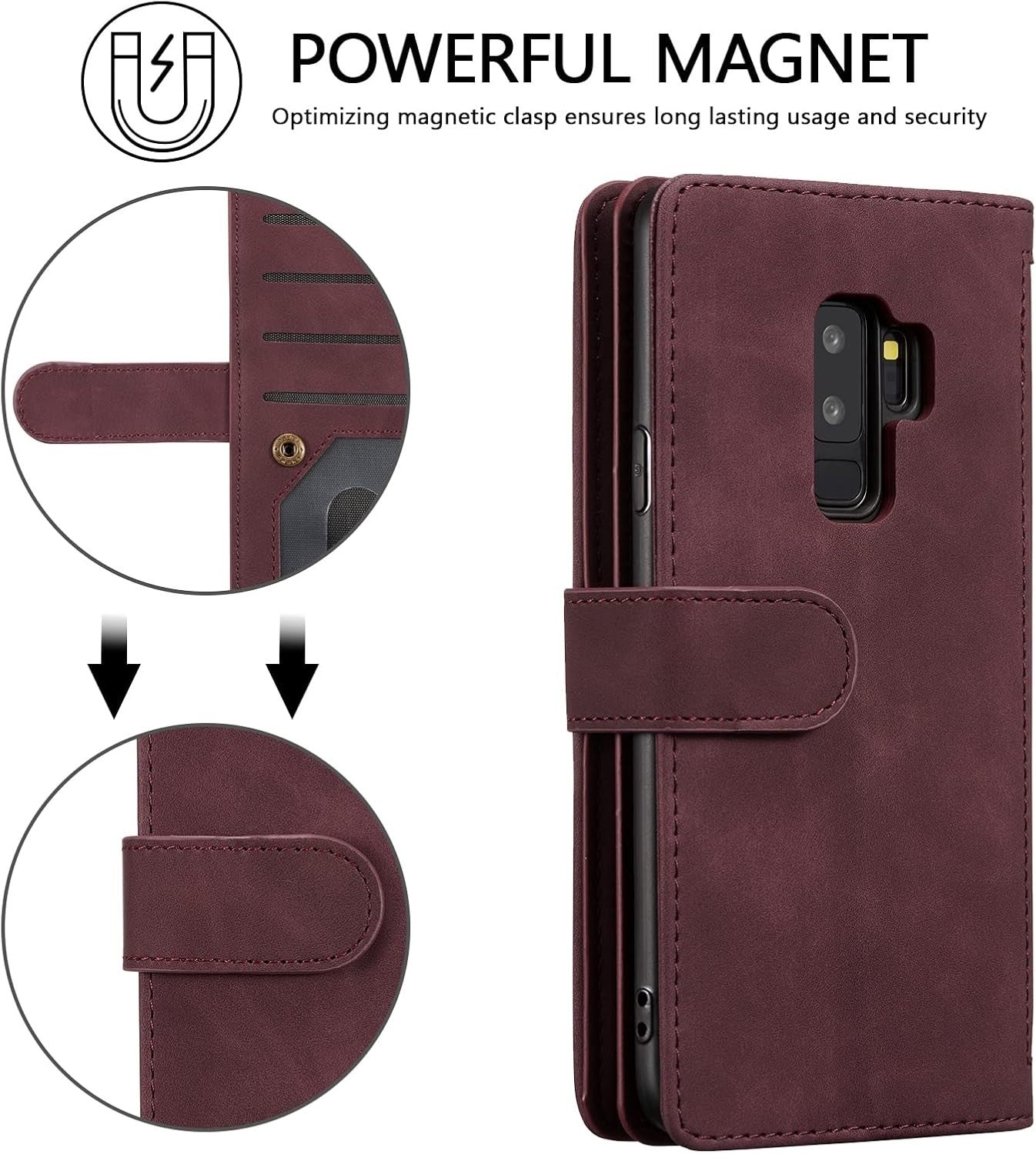 Galaxy S9 Wallet Case by UEEBAI – PU Leather, Zipper, Kickstand, Red - OEM