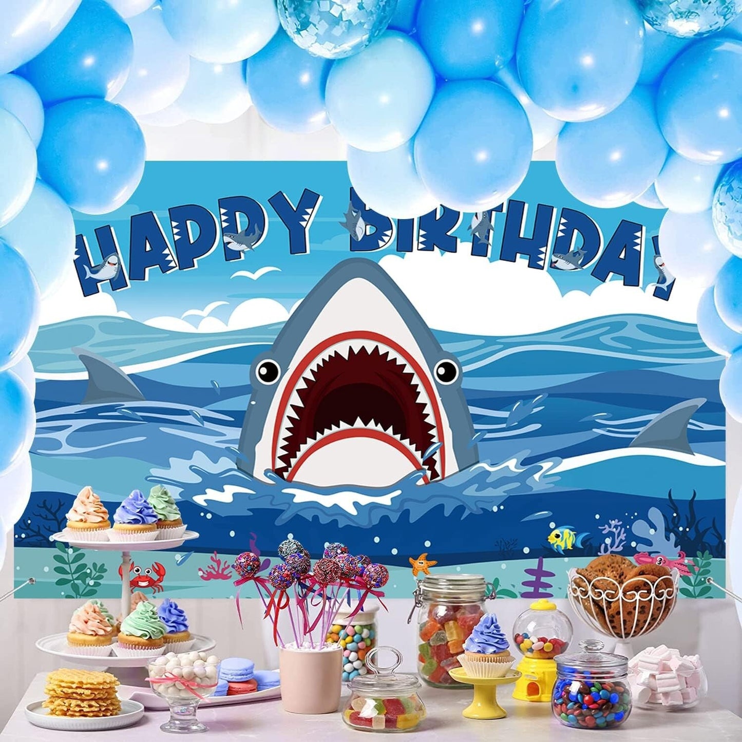 Shark Kids Adult Birthday Decorations Backdrop Photo Background Banner 8x6 ft