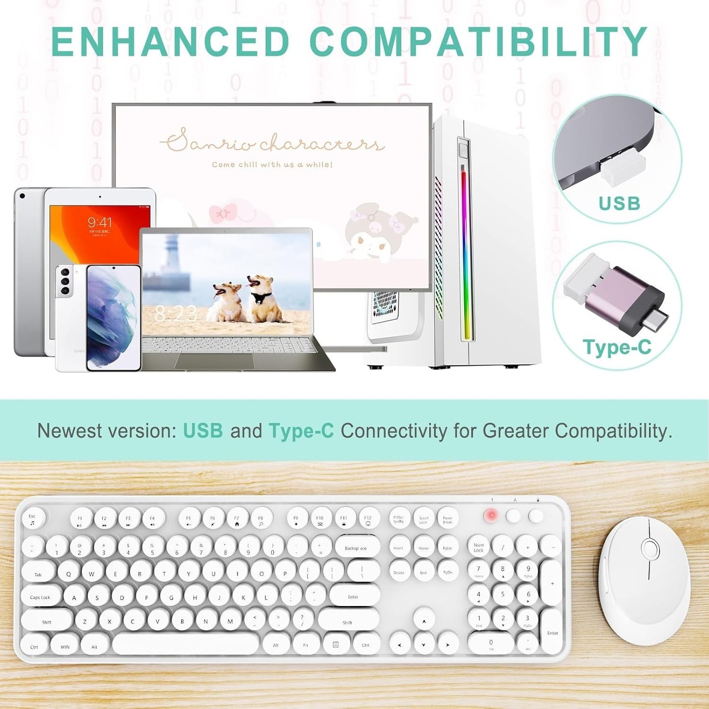 Wireless Retro Round Keycaps Keyboard & Mouse Combo Full‑Size White