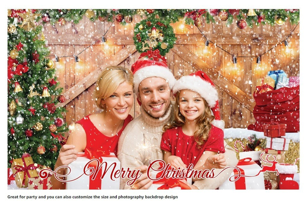 Rustic Christmas Barn Wood Door Backdrop Xmas Tree Snow Photography 10 x 8 FT