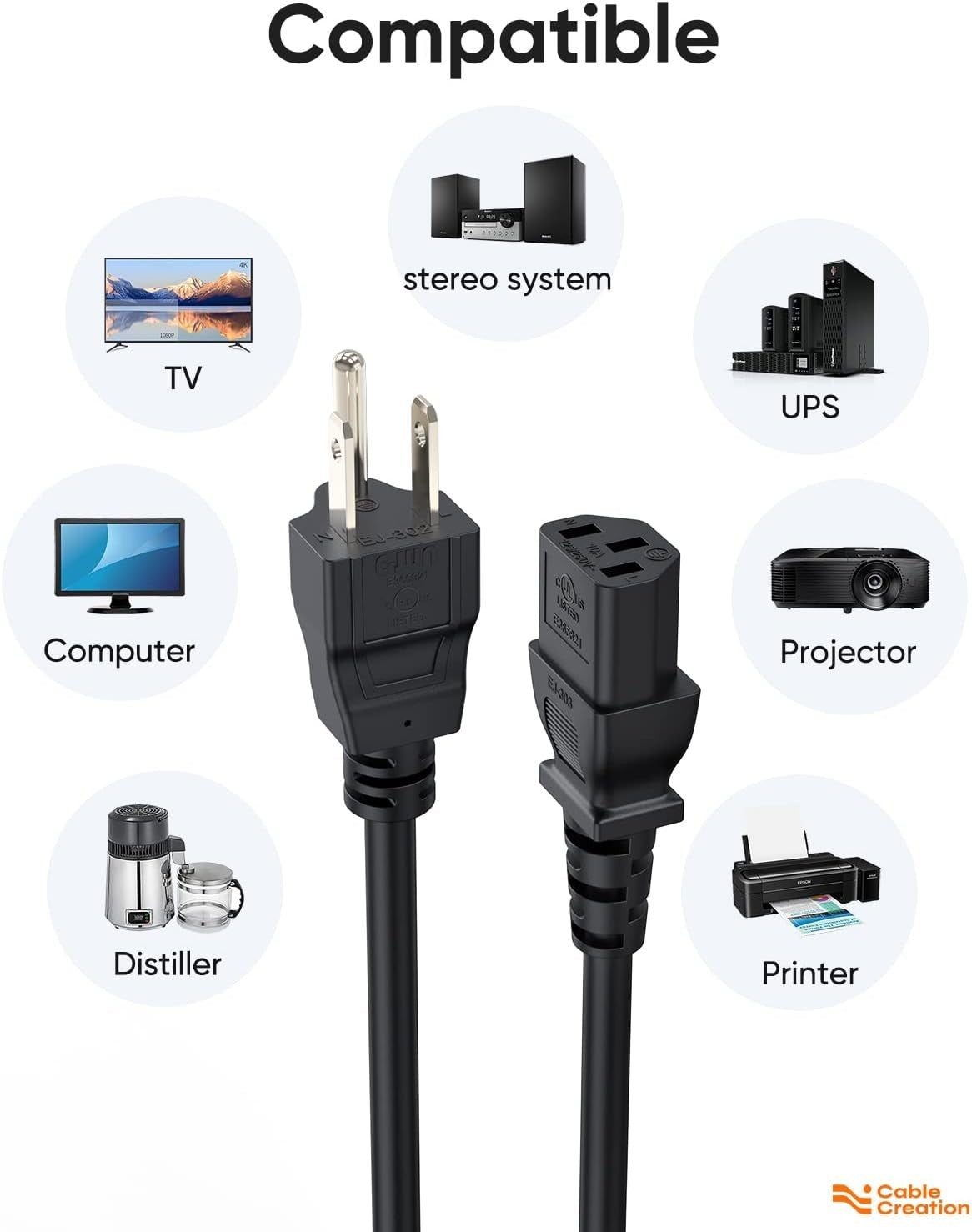 CableCreation 2-Pack 1FT Power Cord NEMA 5-15P to IEC C13 18AWG Black Cable