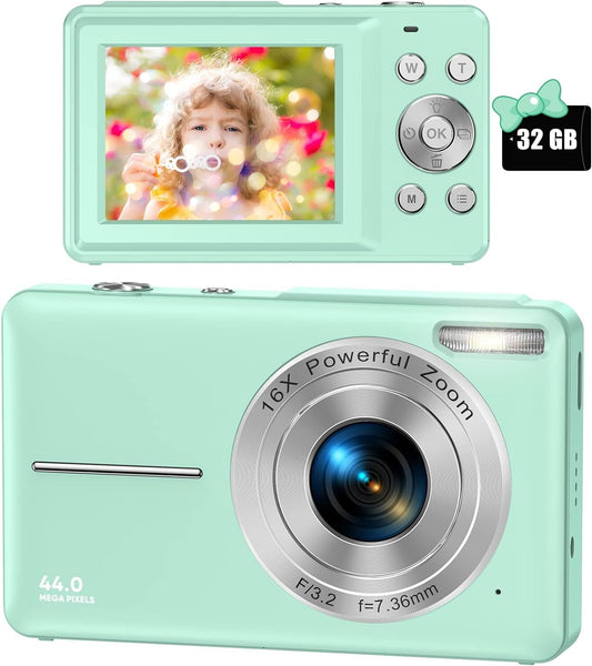 FHD 1080P Kids Compact Digital Camera 16x Zoom w SD Card Mint Green