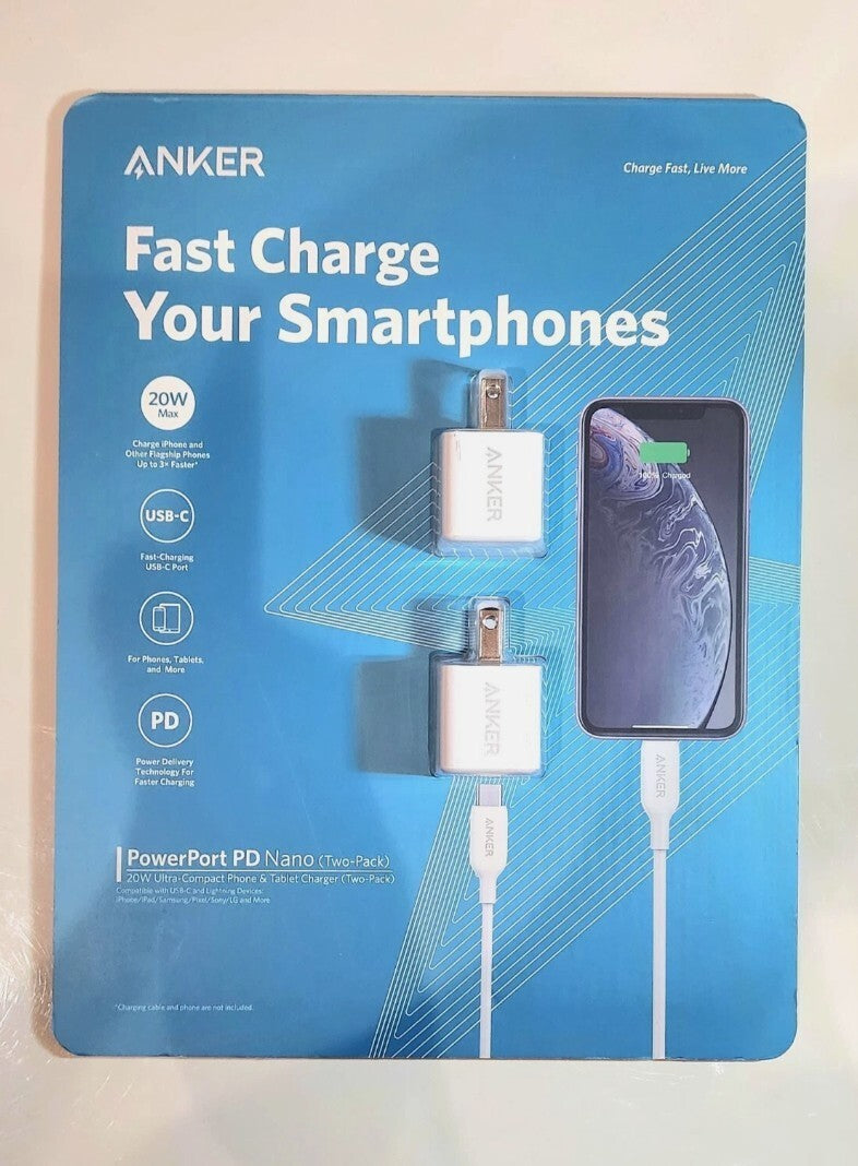 Anker Nano USB-C 20W Fast Charger High Speed PowerPort PD iPhone Android 2-Pack