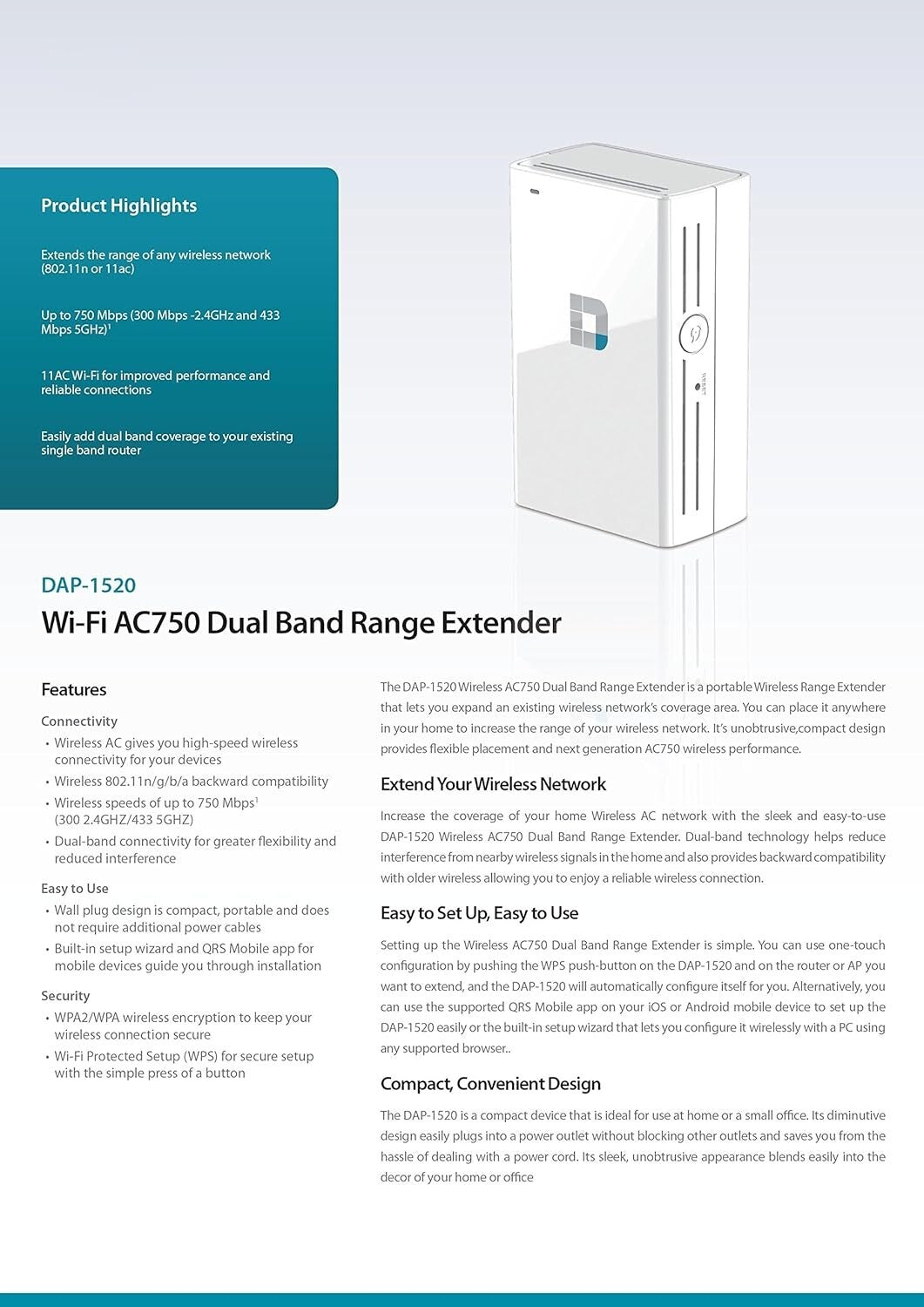 AC750 DAP-1520 DLink WiFi Dual Band Range Extender
