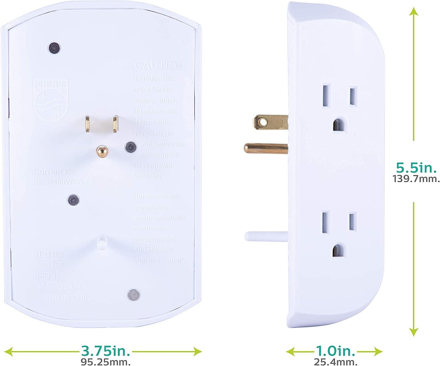 Philips 6-Outlet Wall Tap Extender – Grounded, Circuit Breaker, White