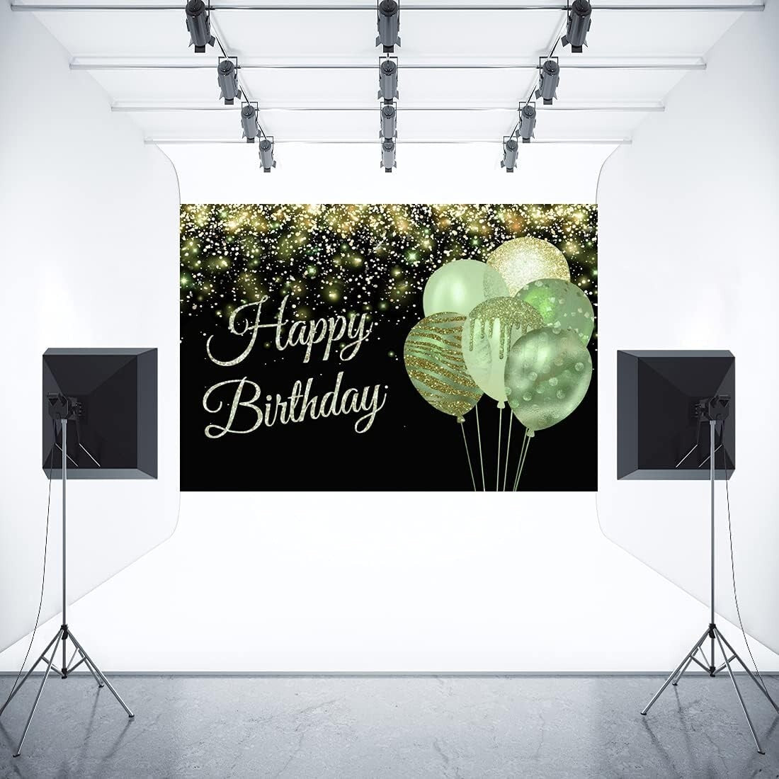 Happy Birthday Backdrop Glitter Balloons Gold 7x5ft Green Photography Background
