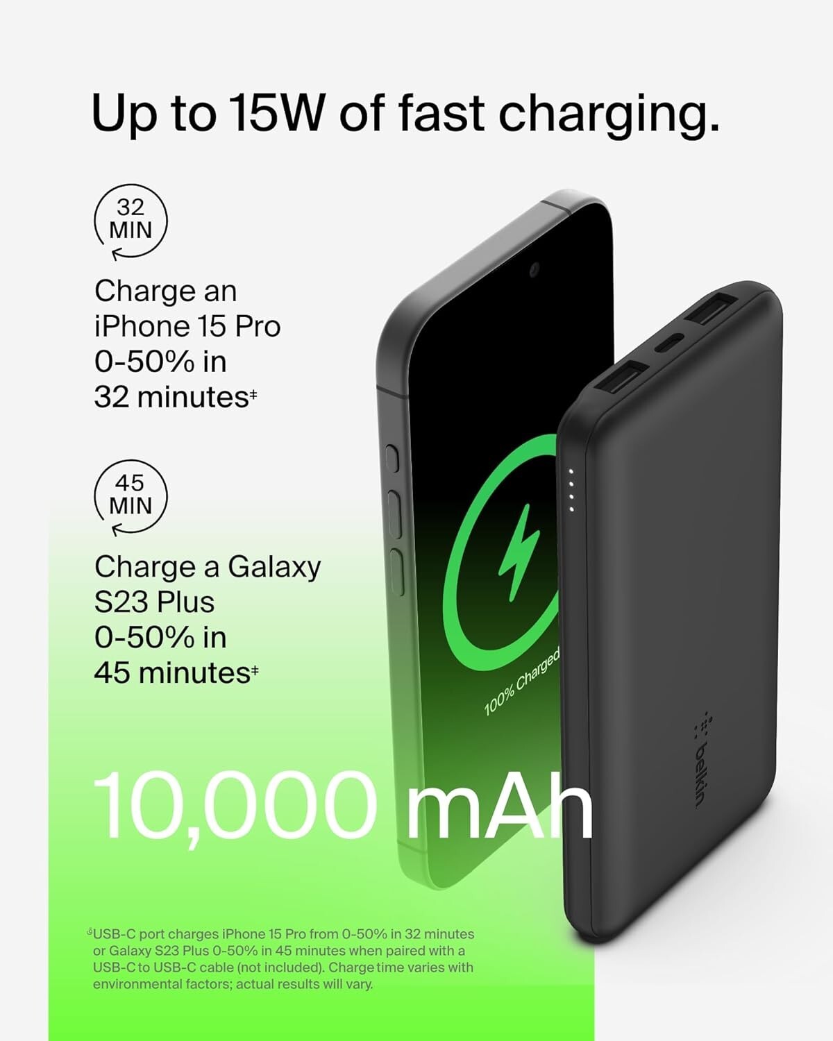 USB-C 15W Belkin Portable Charger Power Bank 10000mAh w 2xUSBA Ports