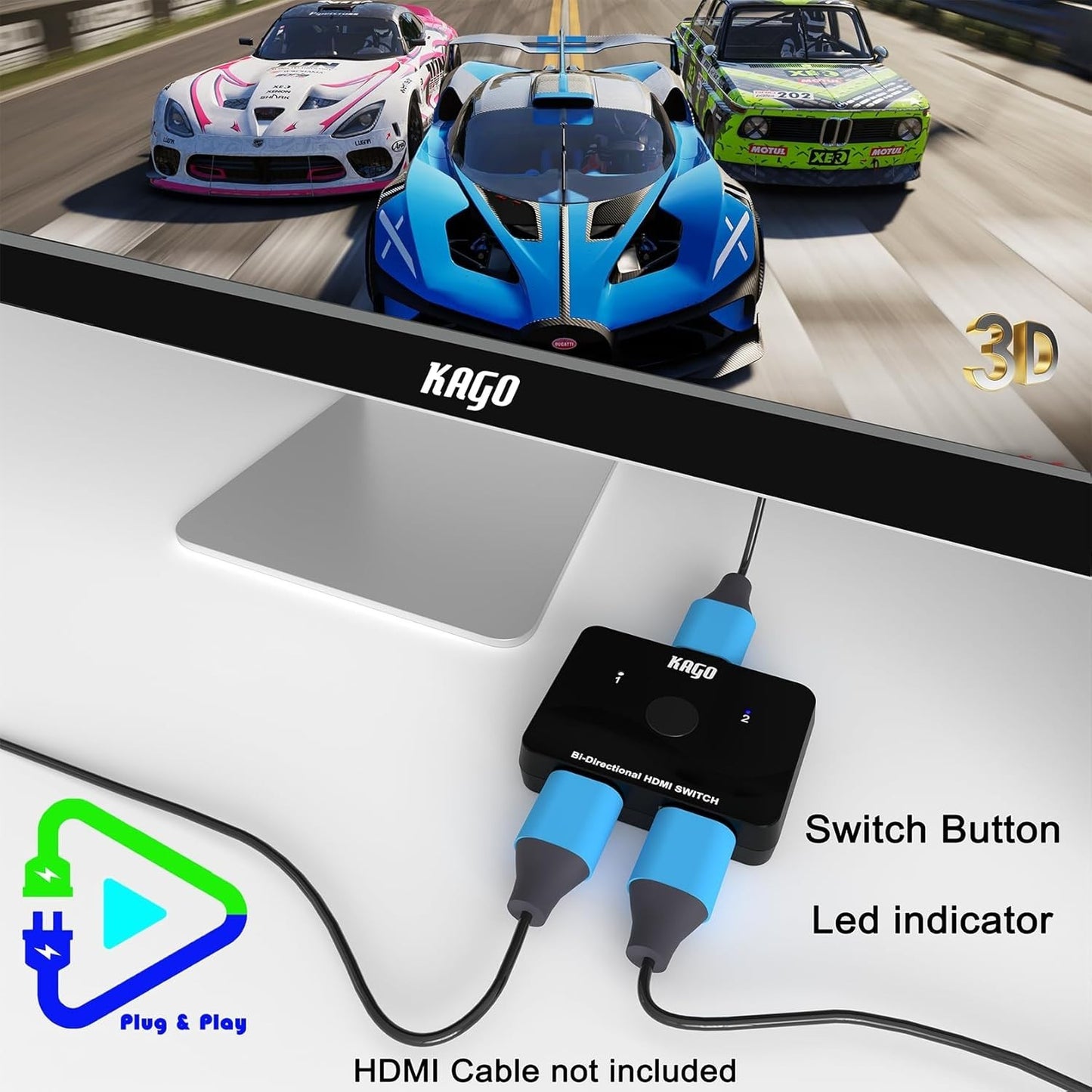 KAGO HDMI Switch 2 In 1 Out, 4K@60Hz Splitter Bi-Directional for PS5 Roku TV