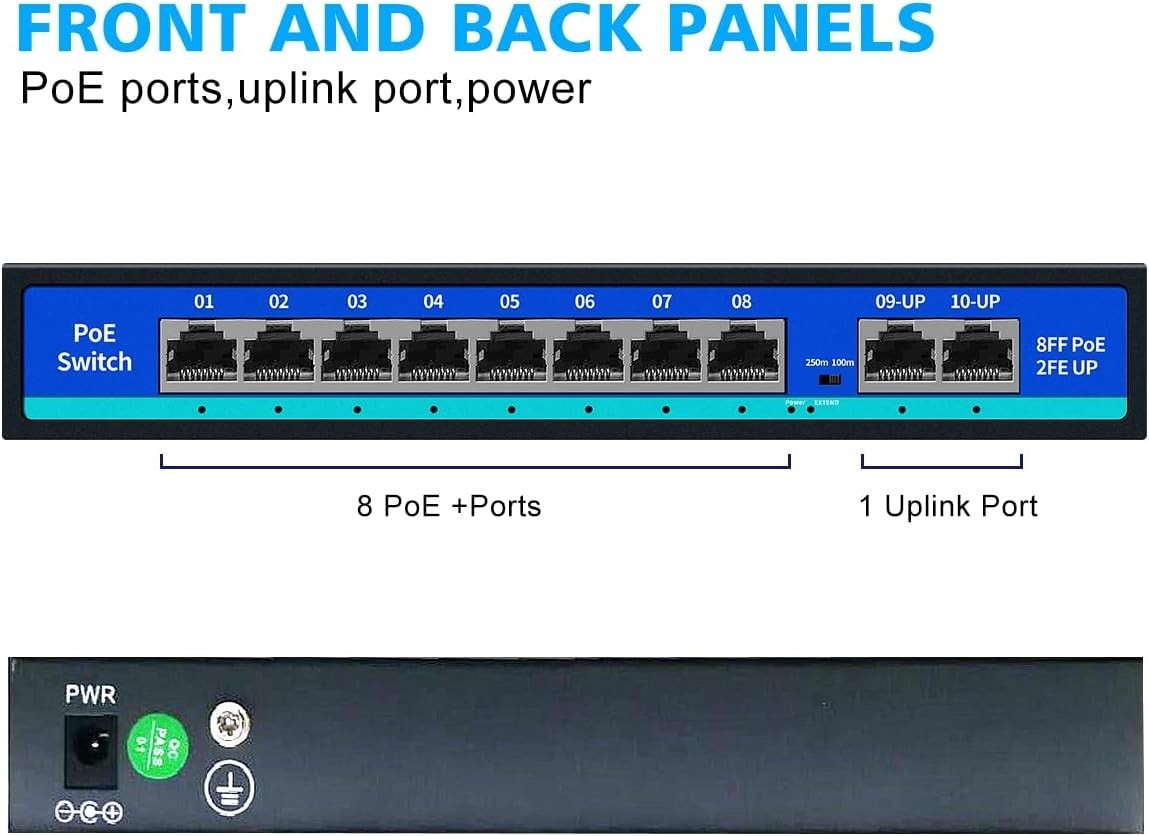 120W 8-Port PoE Switch with 2 Uplink Ports, Fanless, Unmanaged, Metal Case