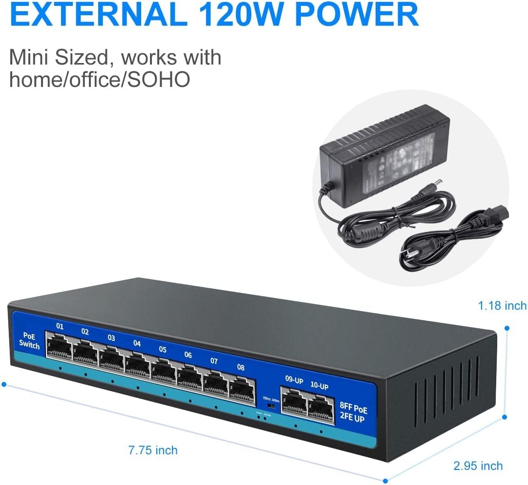 120W 8-Port PoE Switch with 2 Uplink Ports, Fanless, Unmanaged, Metal Case