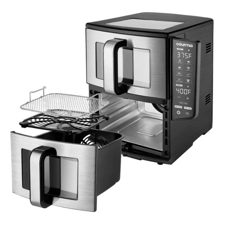 NEW 11-QT Gourmia Dual Basket Air Fryer Smart Finish 4Layer Cooking