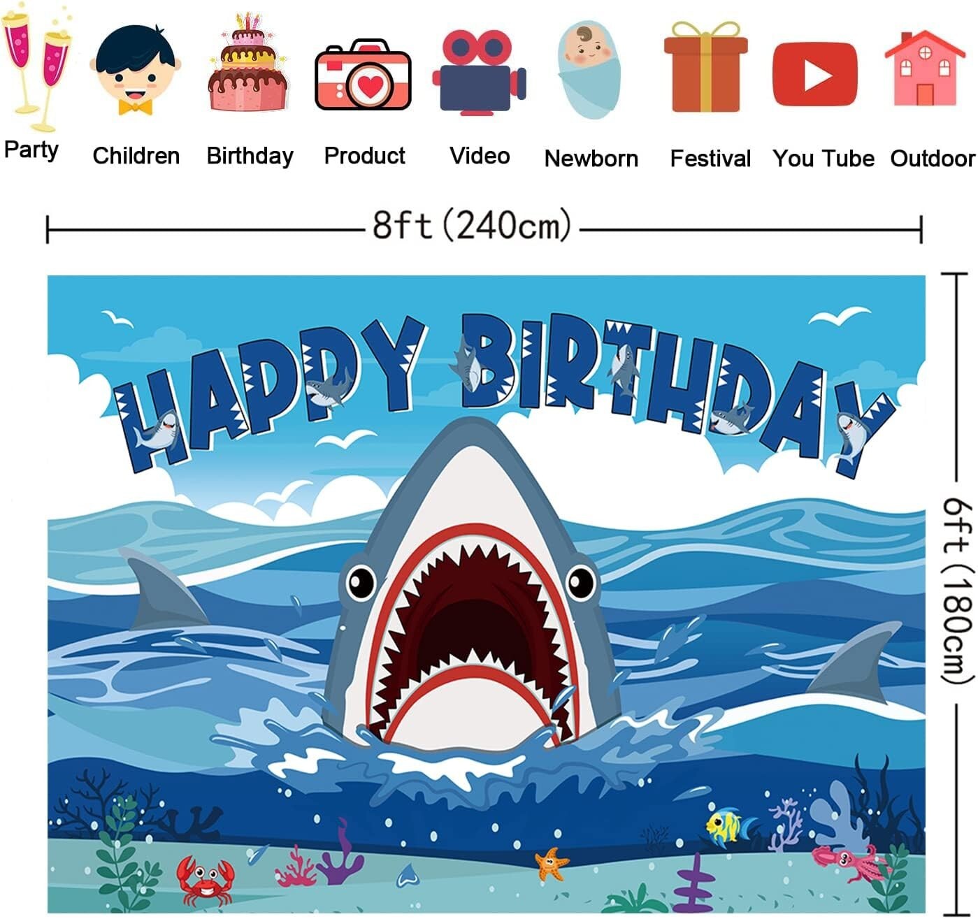 Shark Kids Adult Birthday Decorations Backdrop Photo Background Banner 8x6 ft