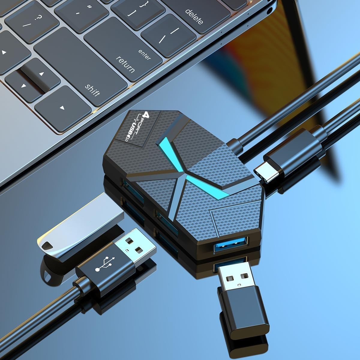 USB 3.0 Hub 4-Port Splitter with Power Port for Laptop PC Xbox HDD Printer