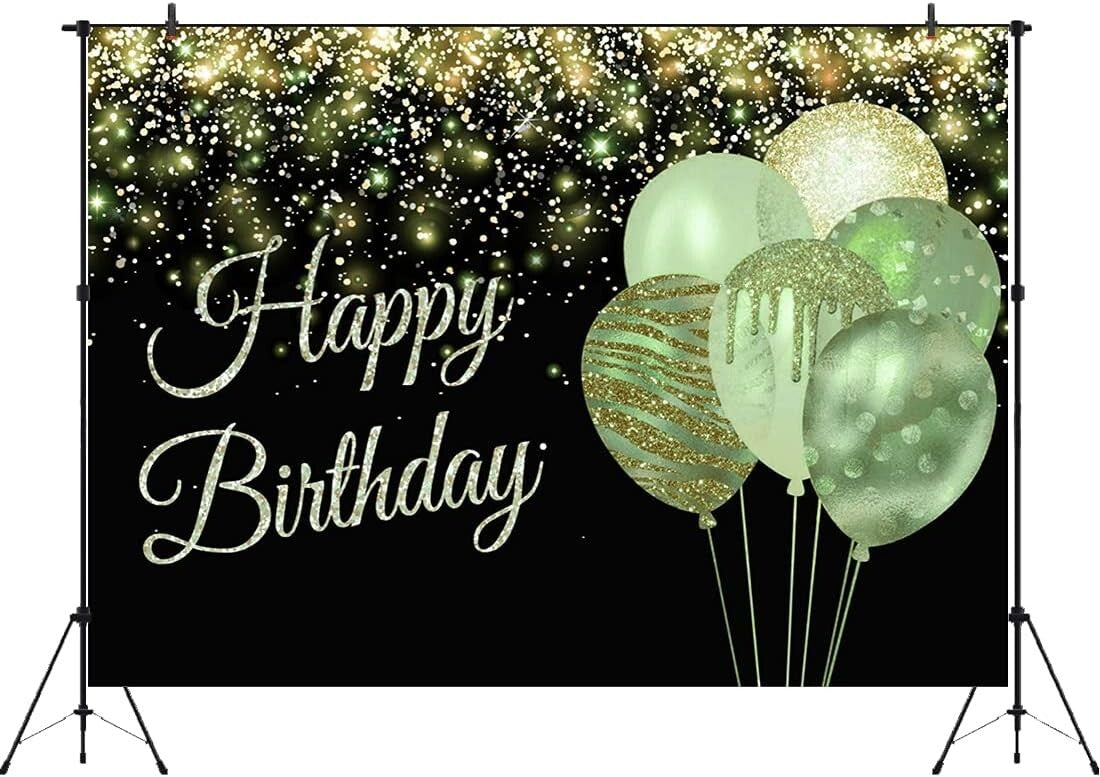 Happy Birthday Backdrop Glitter Balloons Gold 7x5ft Green Photography Background