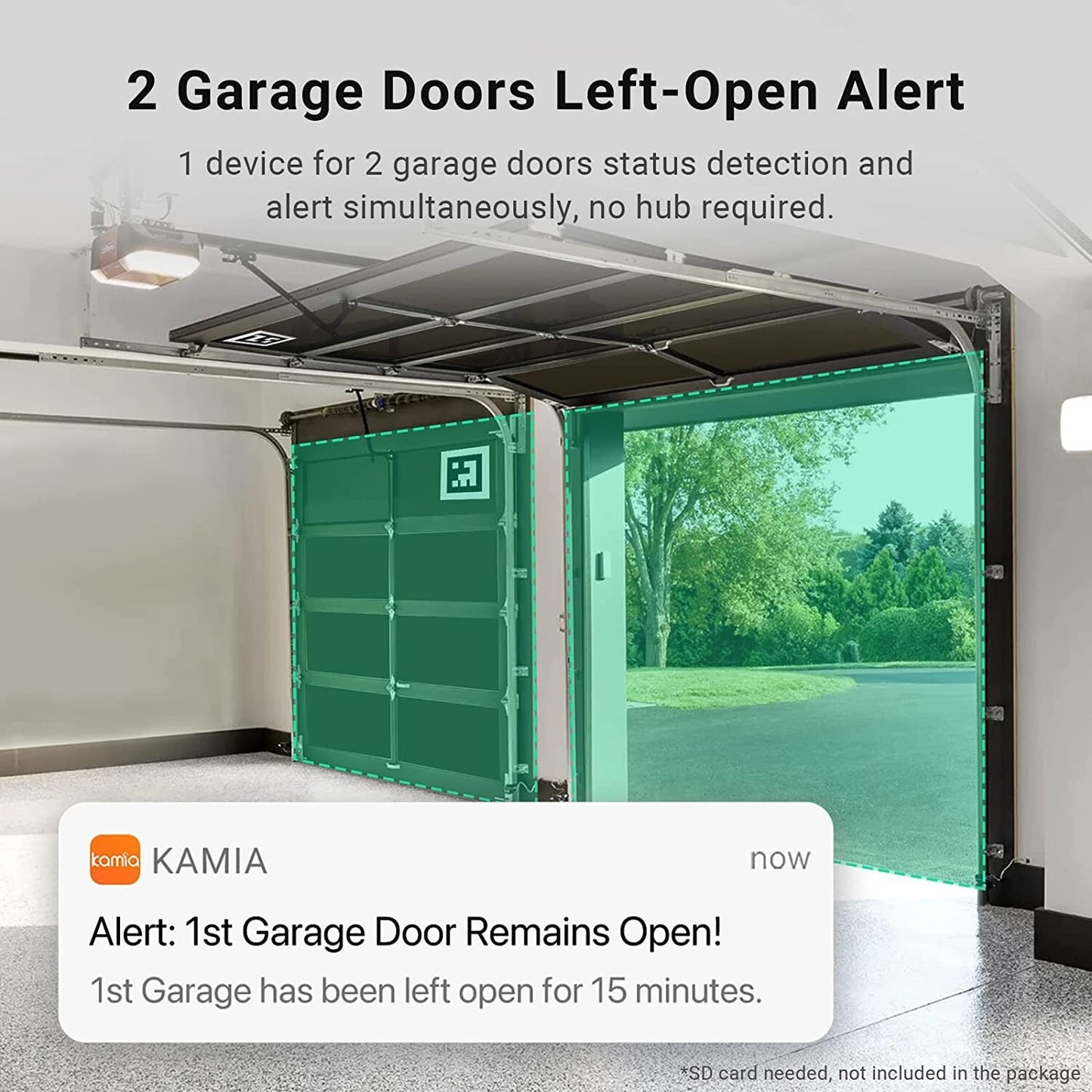 KAMIA Smart Garage Door Sensor w 2K WiFi Cam 2Door OpenCloseLeftOpen Alert