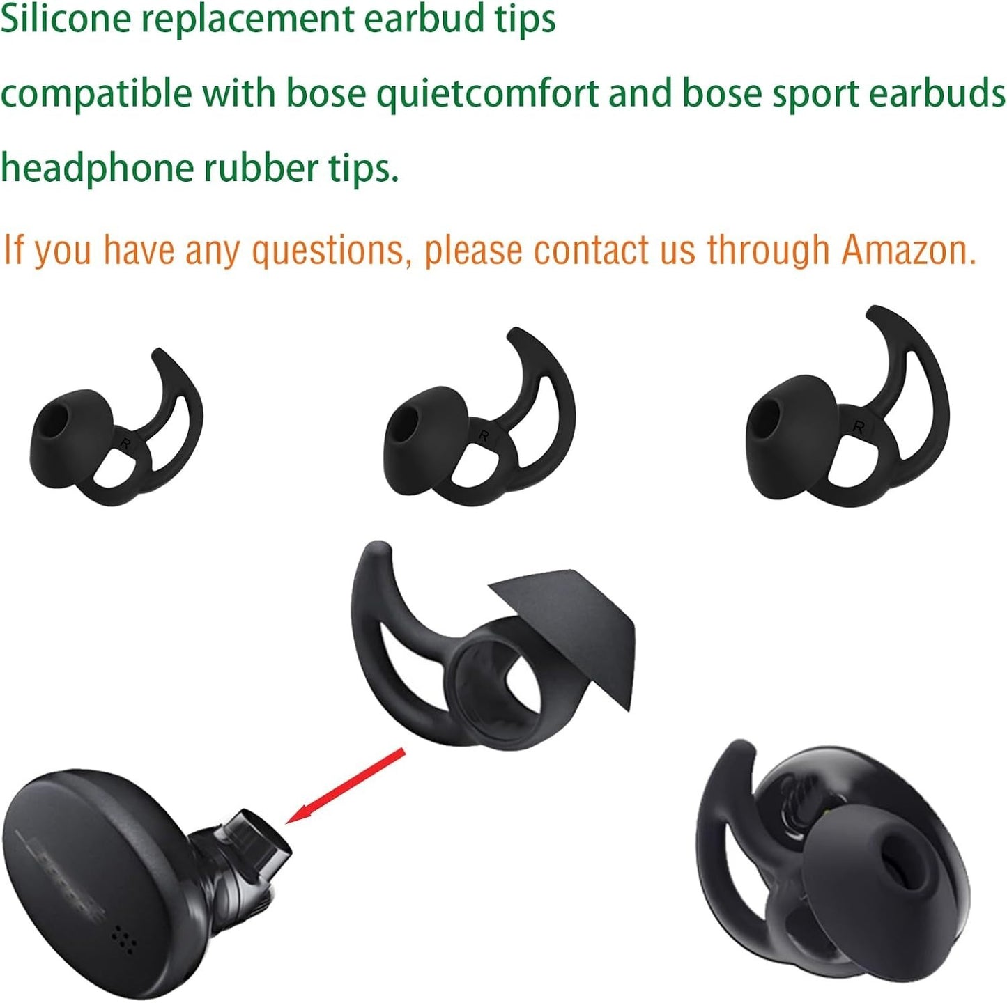 3 Pairs Ear Tips for Bose QuietComfort/Sport Earbuds – S/M/L Silicone Black