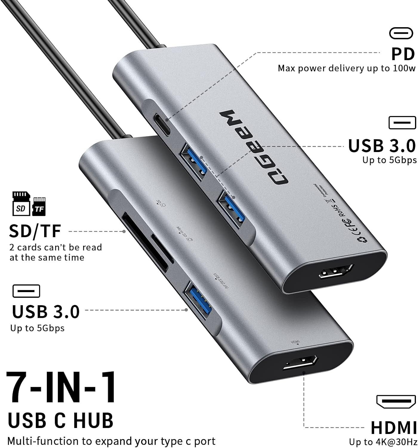 USB USB C Hub C to Adapter 4k 7 in 1 C Dongle w Power Delivery