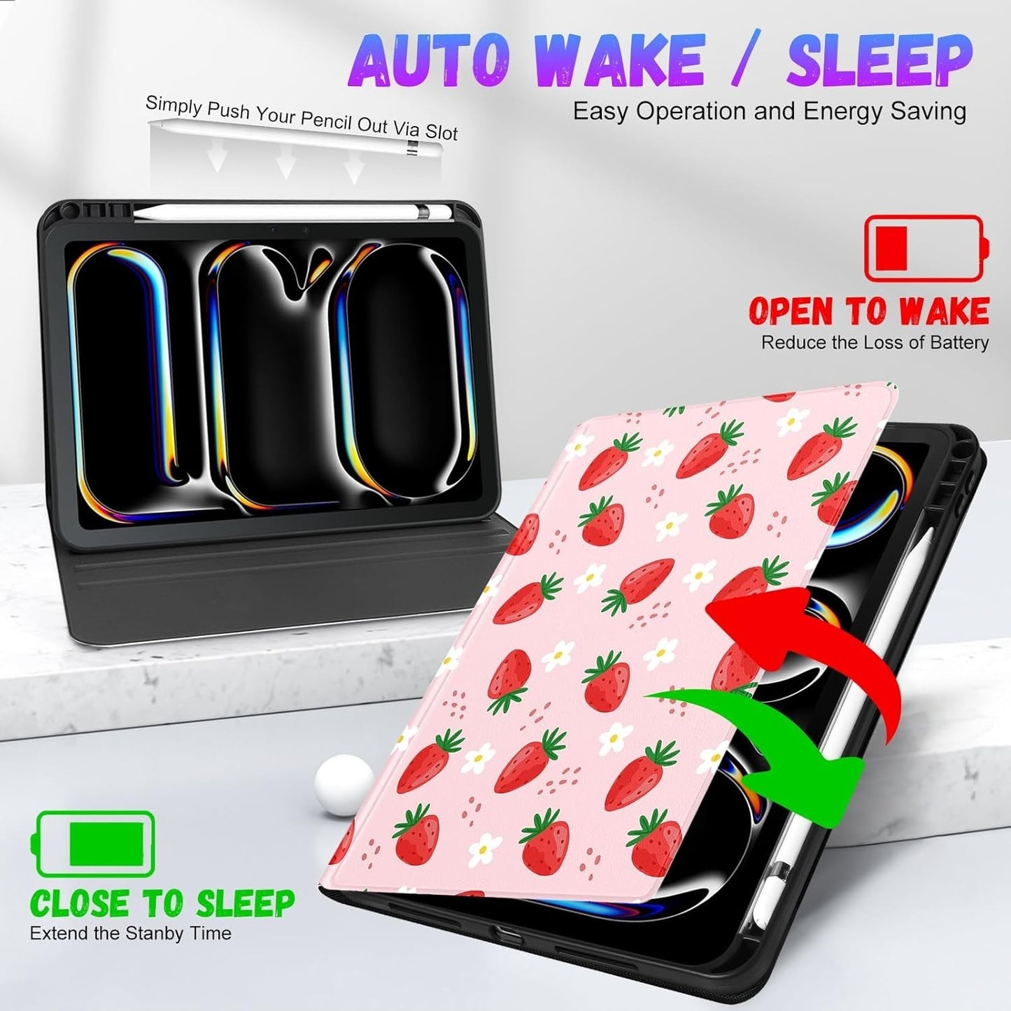 iPad Pro 11" Case 2024 M4 Cute Folio Smart Cover w/ Pencil Holder Strawberry