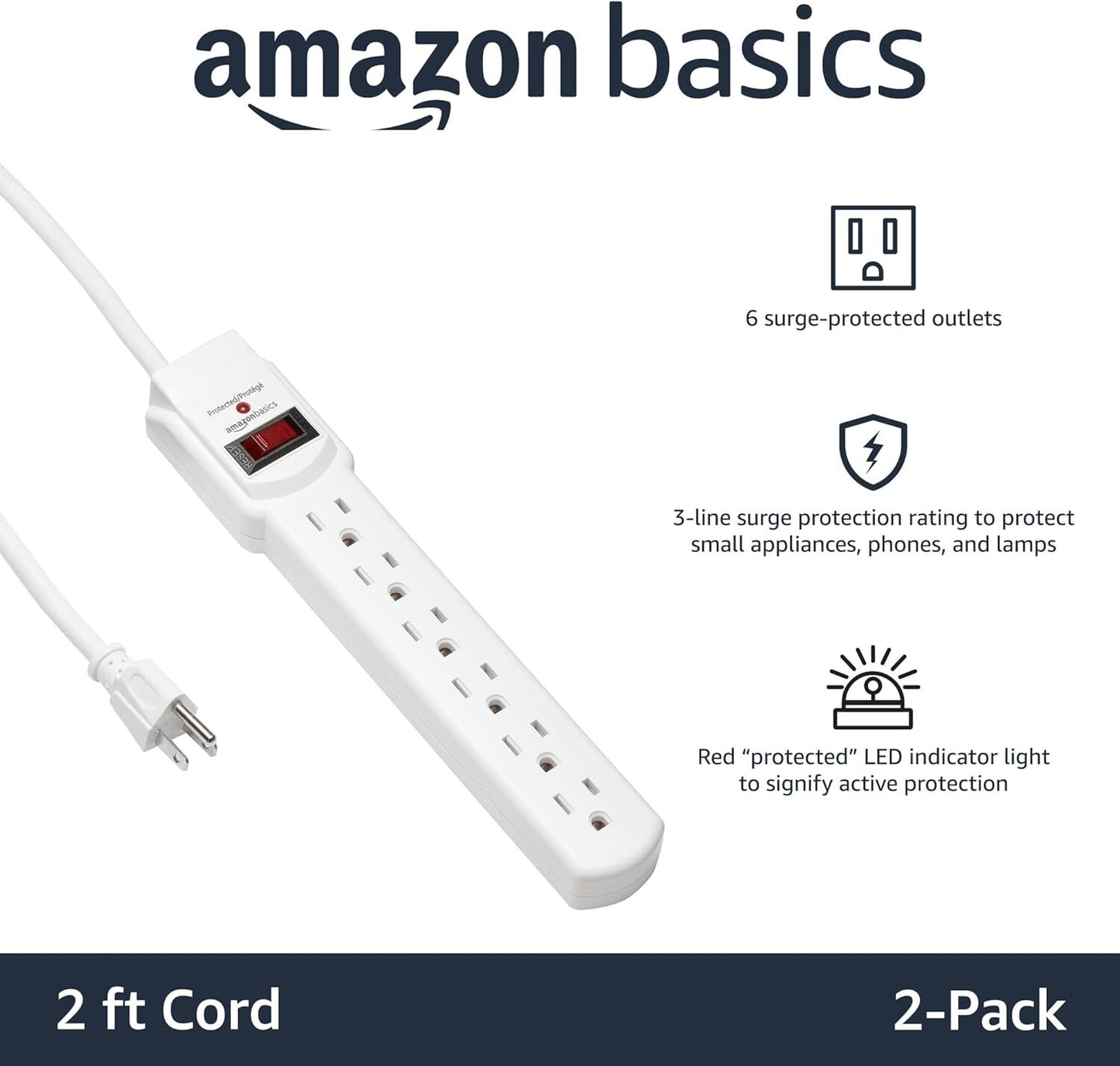 Amazon Basics 2' feet 6-Outlet 200 Joule Surge Protector Power Strip - 2 pack