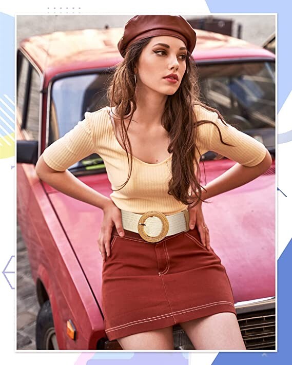 4 Pack Straw Woven Elastic Stretch Waist Belt Women Skinny Dress Belt Wooden Buc
