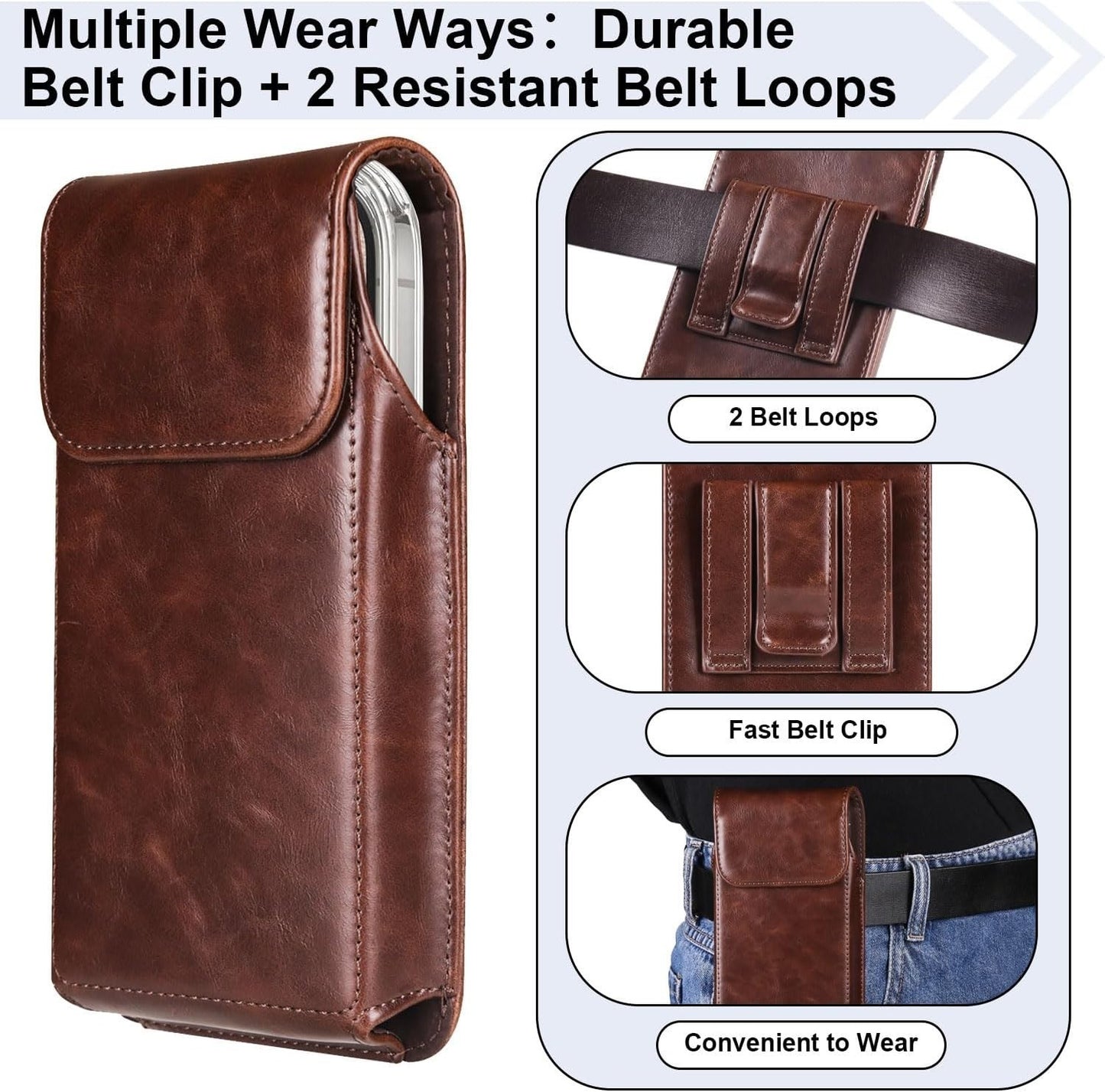 Premium Leather Cell Phone Holster for iPhone/Galaxy – Belt Clip Pouch, Coffee