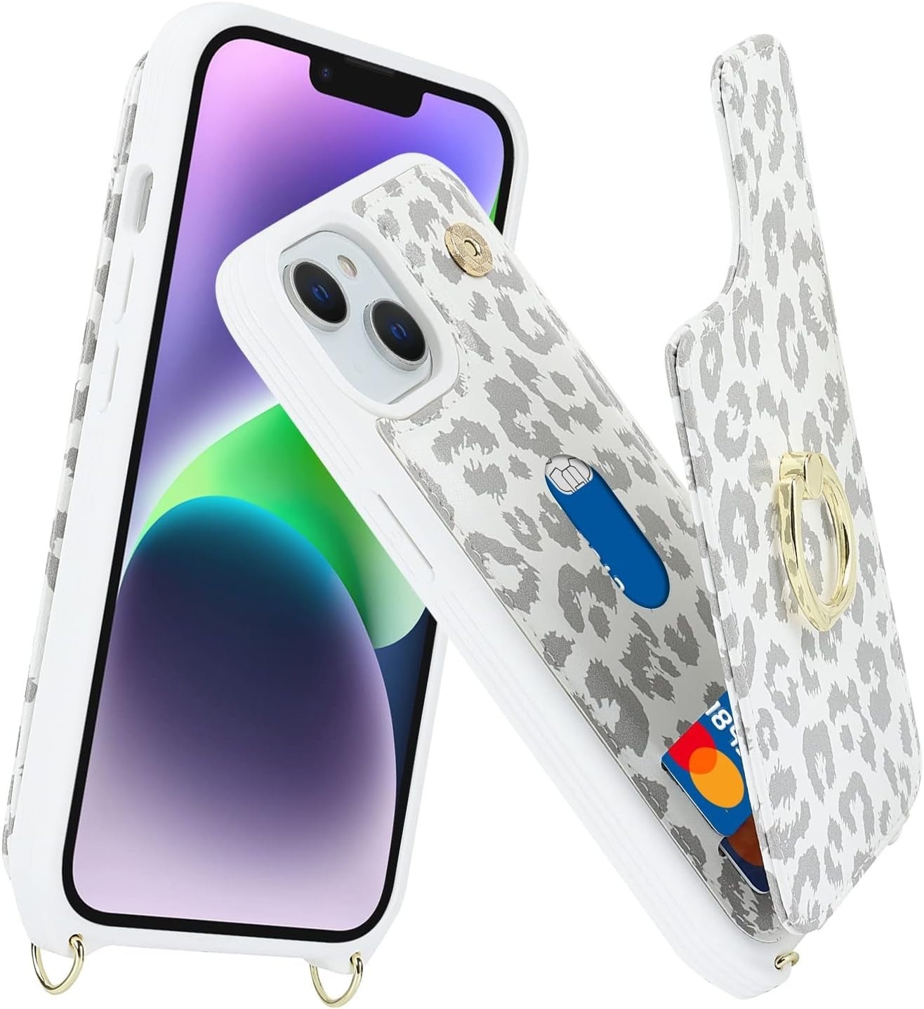 iPhone 13 Case for Women by Lipvina, Crossbody Lanyard, Card Slot, White Leopard