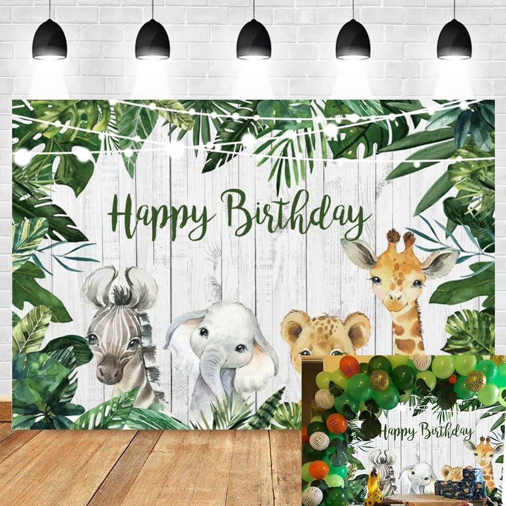 Jungle Safari Wild One Backdrop Bday Party Rustic Wooden Palm Tree 84L x 60W