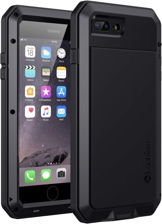 Lanhiem iPhone 7/8 Plus Case– Heavy Duty Metal Cover with Screen Protector Black