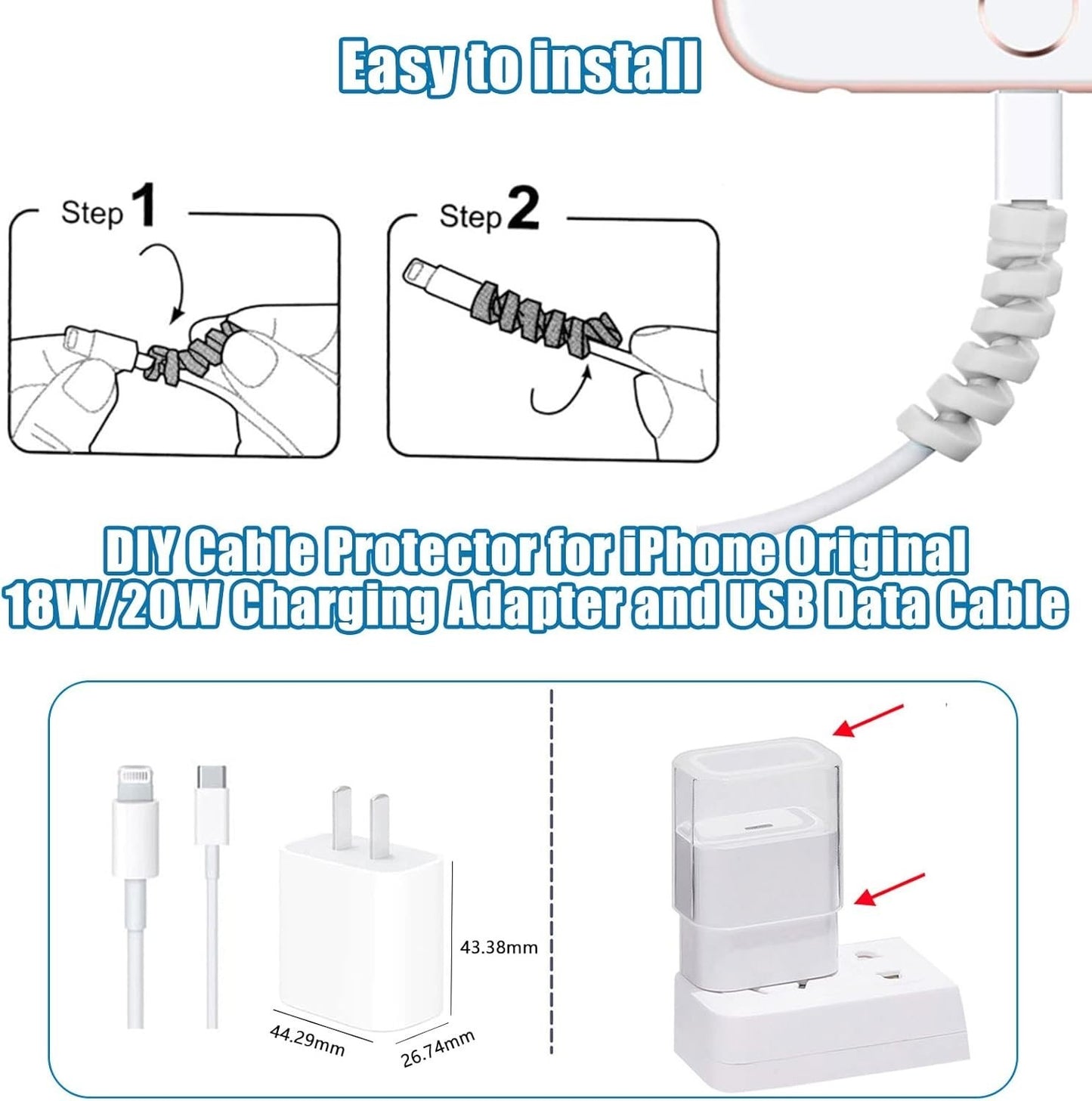 Cute 3D Love Heart Cable Protector for iPhone Charger w/ Spiral Rope & End Cap
