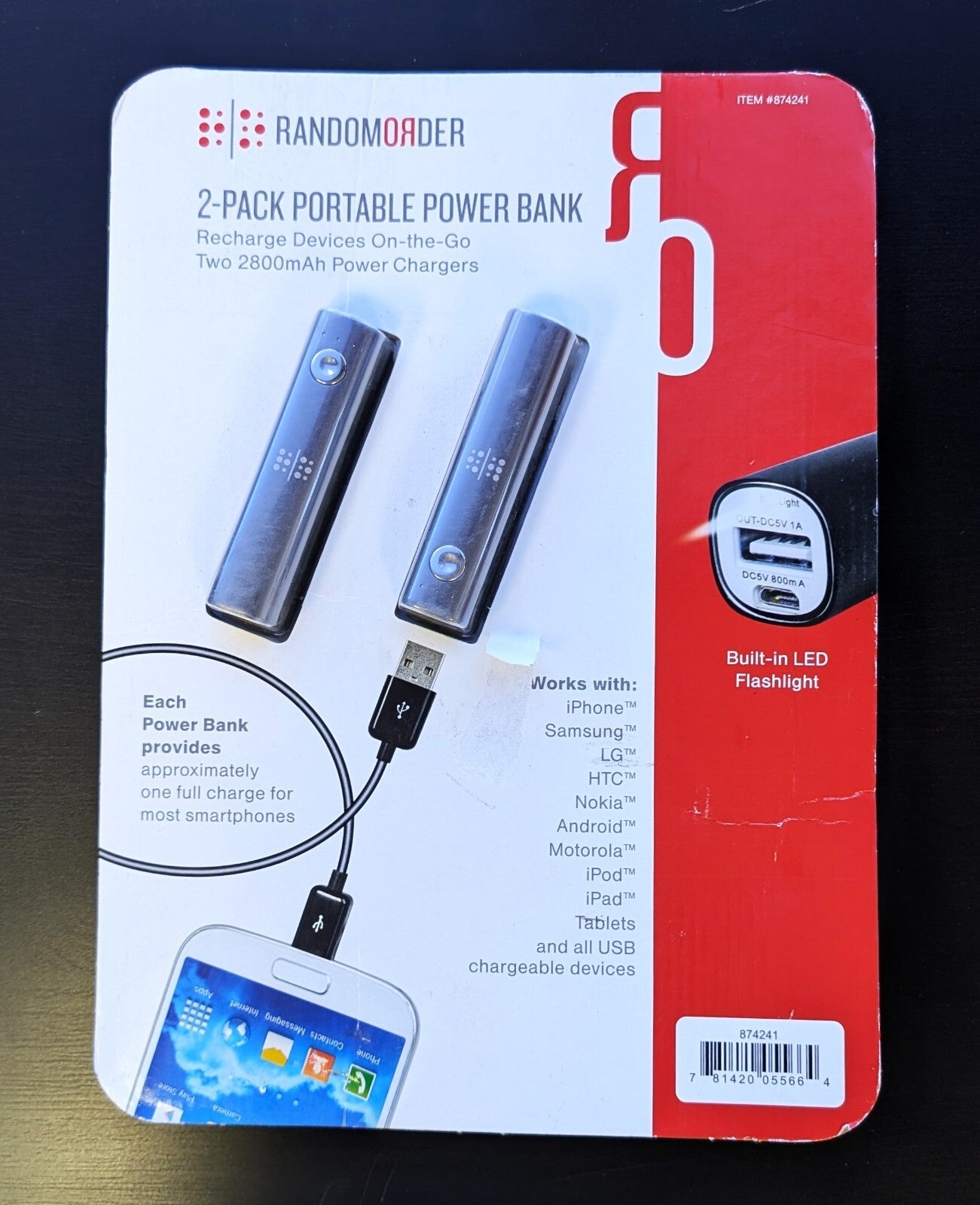 USB NEW Random order 2 Pack Portable Power Bank 2800mAh Chargers Cables