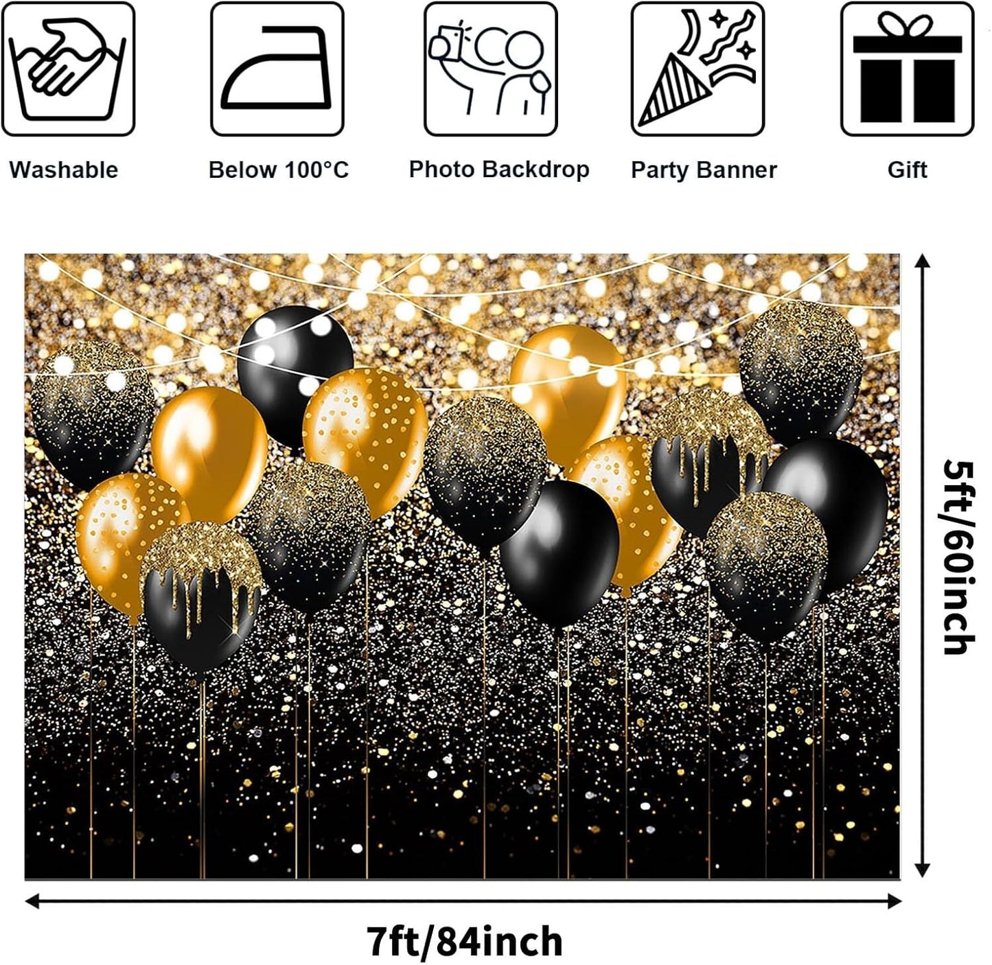 Backdrop BlackGold Glitter Birthday Wedding Prom Graduation Photography 7x5ft