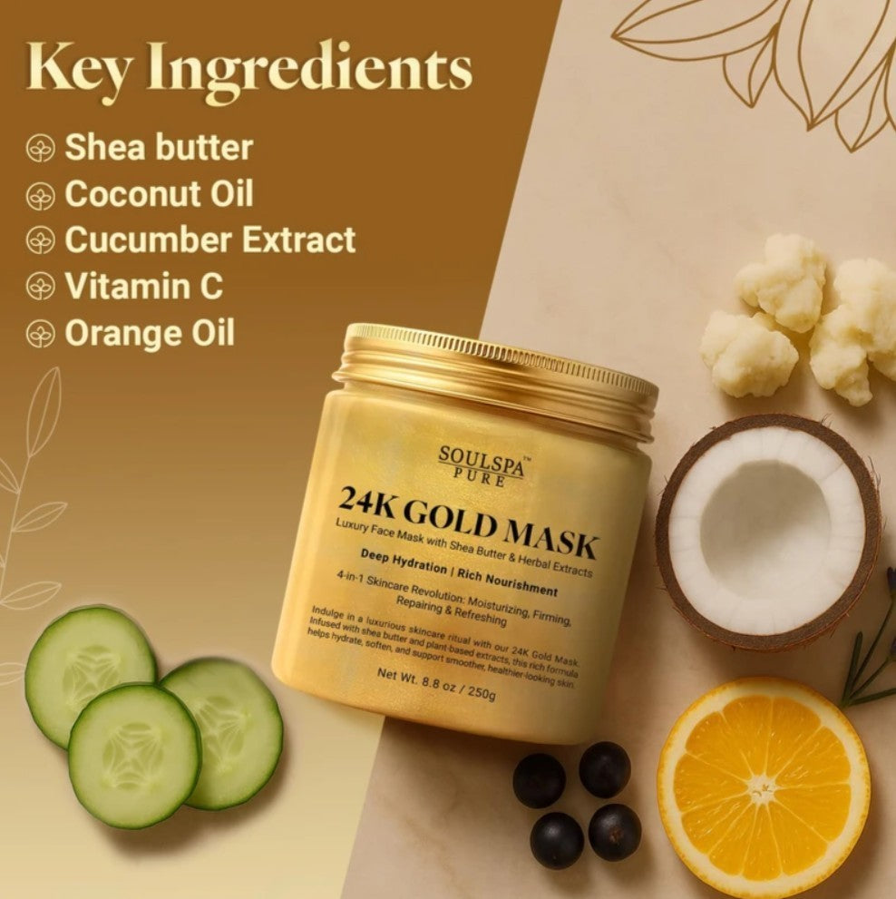 24K Gold Face Mask – Hydrating & Firming Facial Mask with Shea Butter, Hyaluroni