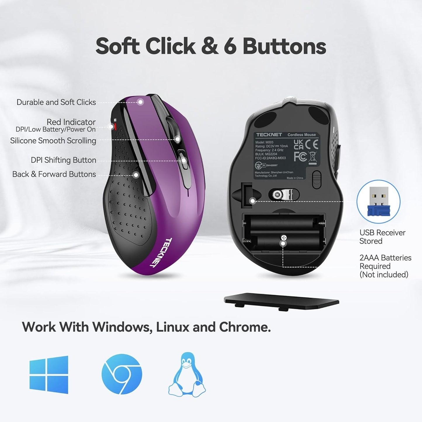 TECKNET Wireless Mouse for Laptop, Silent Mouse Quiet Click, Computer Mouse Wire